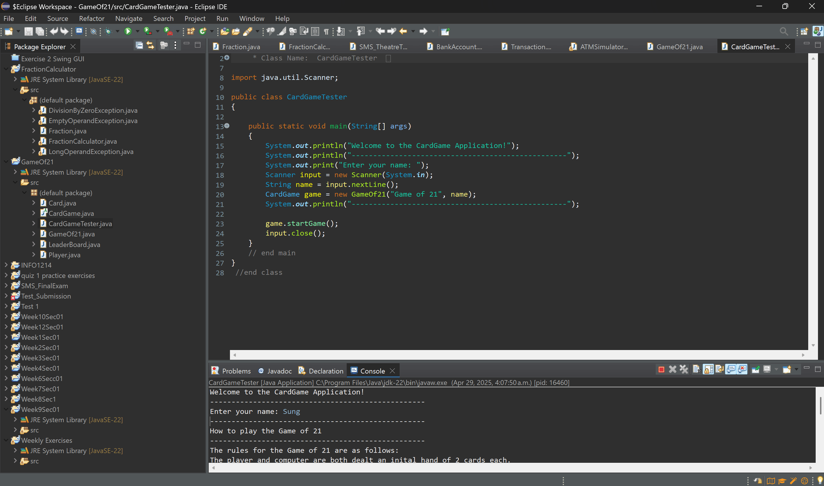 Screenshot of blackjack program in Eclipse IDE